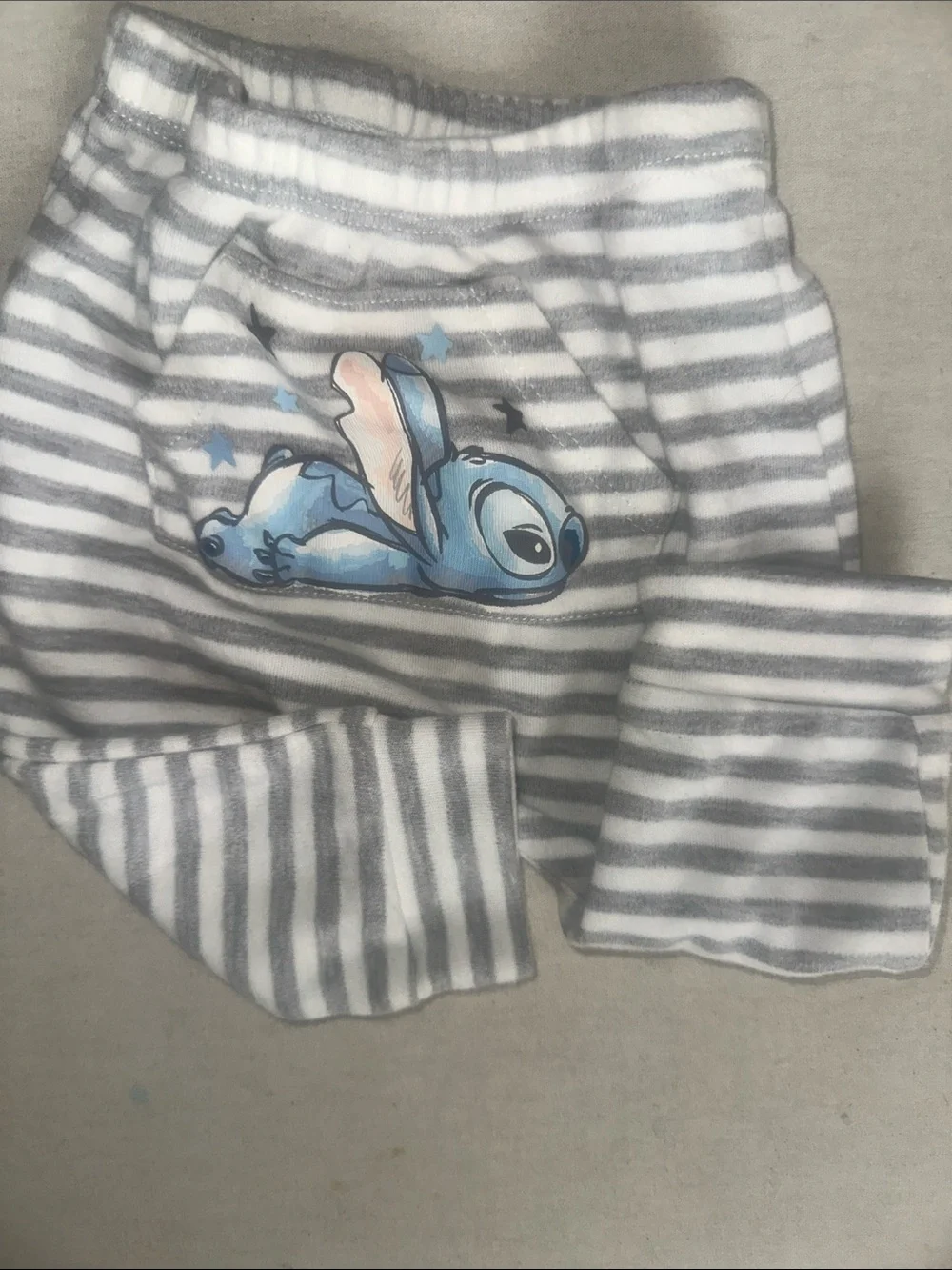 Baby Size 0-3M Gray & White Stripe Pants with Blue Stitch Character